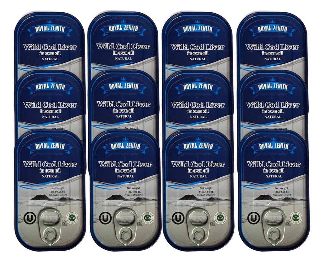 Royal Zenith Islandic Wild Cod Liver 4.05oz/115g Pack de 12