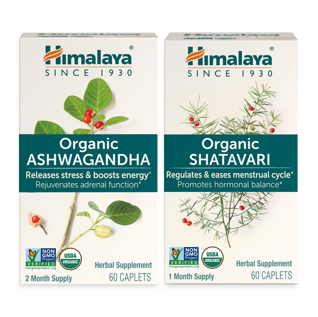 Himalaya Organic Ashwagandha for Energy Support Plus Organic Shatavari for PMS, Menstrual Cramp Relief & Menopause Support, 60 Capsules Each – 2 Product Bundle