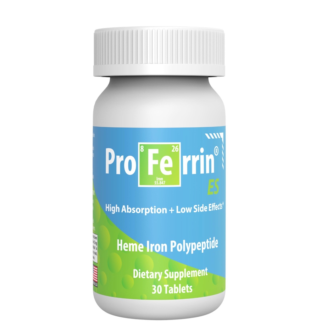 Proferrin ES- 10.5mg de alto Absorbing Heme Iron Polypeptide. Hecho en EE.UU. 30 Tabletas. Fácil en el Gut. No afectado por el café, el calcio o el PPI.