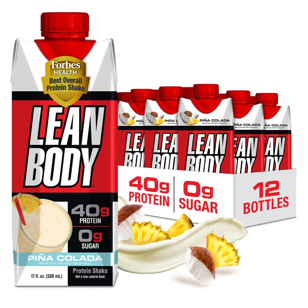 Lean Body Ready-to-Drink Pina Colada Protein Shake, 40g Protein, Whey Blend, 0 Sugar, Gluten Free, 22 Vitaminas & Minerales, 17 Fl Oz (Pack of 12)