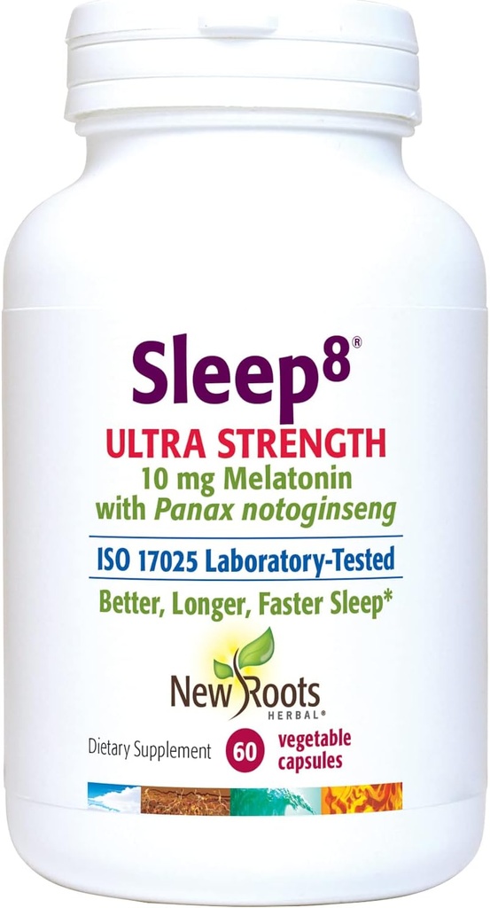 NUEVAS ROOTS HERBAL Suplemento natural del sueño, 8-en-1 Fórmula Ultra-Strenth con Flores de Pasión, Chamomile, Hops, Panax Gingseng, Skullcap, Magnesium, 10 mg Melatonin (60 Veg Caps)