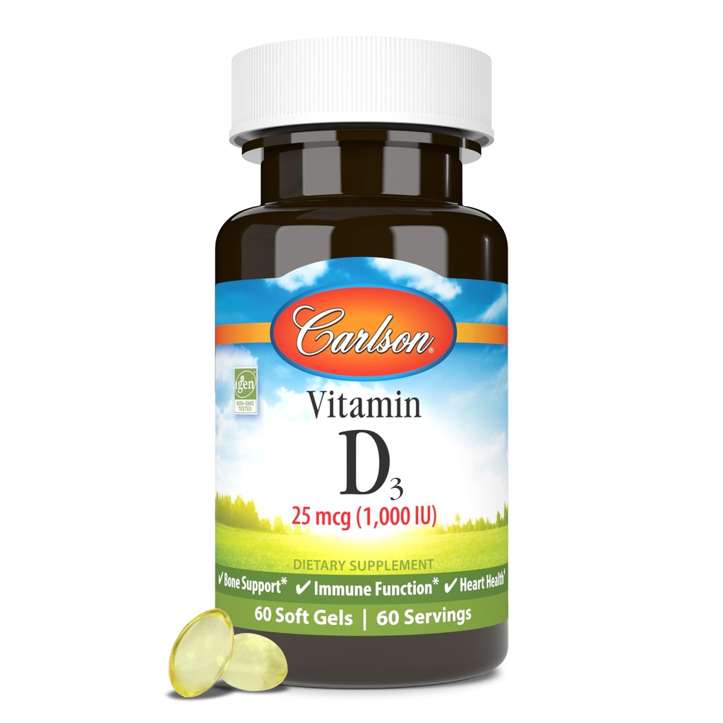 Carlson - Vitamina D3, 1000 UI (25 mcg), Bone Health, Muscle Health, Cholecalciferol, Suplementos de vitamina D, Vitamina D3 Soft Gels, 60 Softgels
