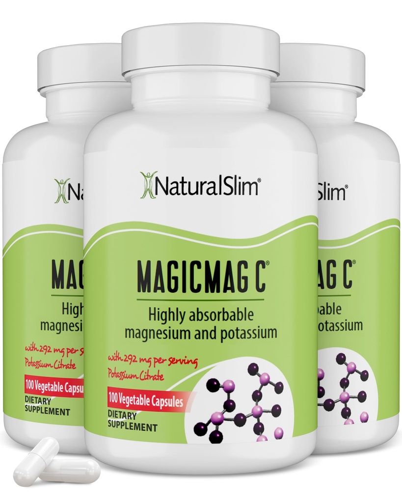 MagicMag C de NaturalSlim, Citrate de Magnesio con Potasio para Relajación muscular, Calidad del sueño, Función del nervio " Soporte de electrolitos, Suplemento de magnesio diario para hombres y mujeres, 100 cápsulas 3pk