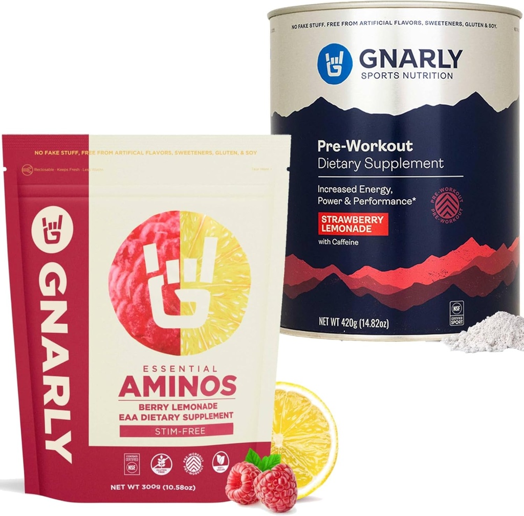 Gnarly Nutrición Gnarly Preworkout Strawberry Lemonade (14.82oz) Aminos Berry Lemonade Caffeine Gratis (10.58oz)