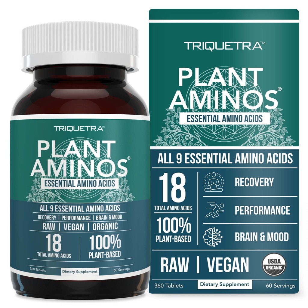 Aminos vegetales Aminoácidos Orgánicos Esenciales Suplementos Aminoácidos (EAAs) " BCAA - 100% Planta-Basada Raw, Vegan - Todos los 9 Aminoácidos Esenciales con 18 Aminoácidos Totales (360 Tabletas)