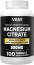Citrato de magnesio 500MG 100 Tabletas- Seguro vegano, Absorción alta