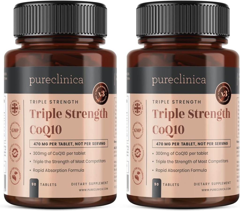 pureclinica Fermented CoQ10 300mg x 180 Tablets (2 Botellas de 90 Tabletas) - 6 meses de suministro. No GMO, Grado USP. con adición de vitamina C &amp; extracto de cobre negro para la absorción.
