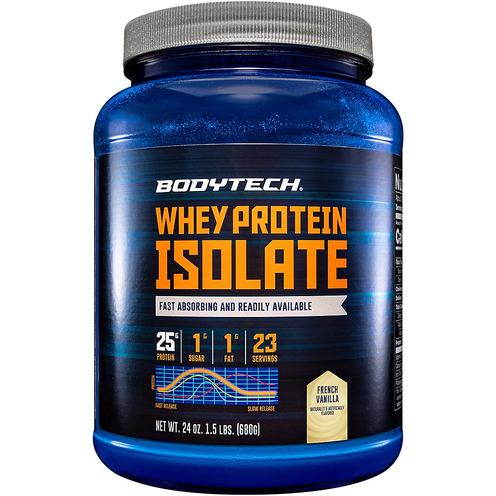 BodyTech Whey Protein Isolate Powder, French Vanilla Flavor, 25g Protein per Serving, High Concentrated Protein Powder with Amino Acids " BCAAs for Men and Women, Gluten Free, 1.5 lb, 23 Servings