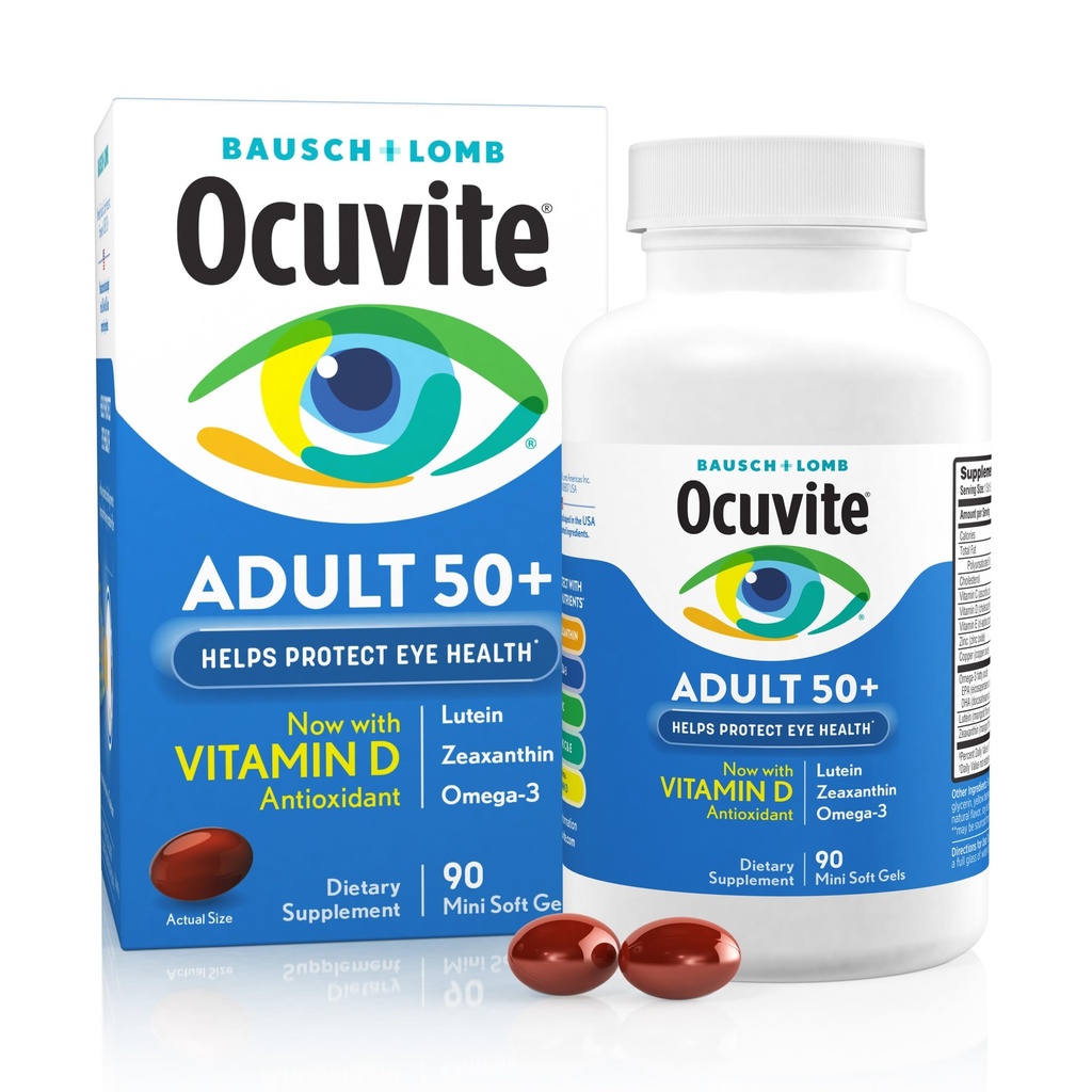 Ocuvite 50+ Vitamina Ocular &amp; Suplemento Mineral, Multivitamina para Visión & Salud Ocular con Omega-3, Zinc, Vitaminas C &amp; E, Lutein & Zeaxanthin, Suplementos Zinc para Mujeres y Hombres, 90 Softgels