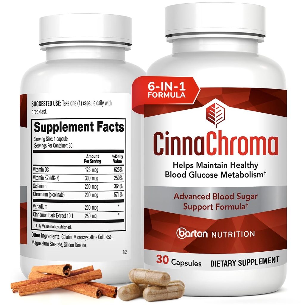 CinnaChroma Capsules - Suplementos de canela con 10:1 Extracto, Cromo, Vanadium, Selenium, Vitamina D3 &amp; K2 - Bloqueador de azúcar natural - 30 cápsulas, 1 mes de suministro
