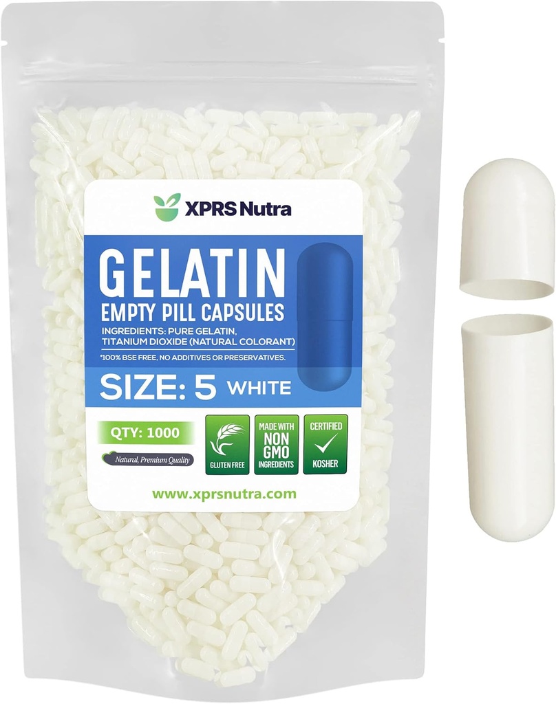 XPRS Nutra Size 5 Empty Capsules - 1000 Count Very Small Empty Gelatin Capsules - Pills DIY Cápsula de relleno - Cápsulas de gel para suplementos de vitaminas Do-It-youself (White)