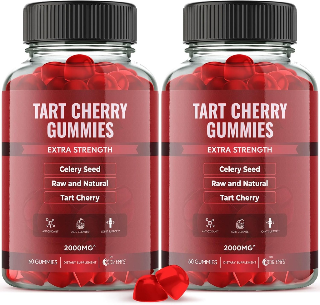 Dr. Emy's Tart Cherry Extract 2,000mg* Gummy Supplement + Celery Seed Extract 400mg*, Raw &amp; Natural – No Gluten y Gelatin Free Vegan, Joint Comfort Uric Acid Cleanse