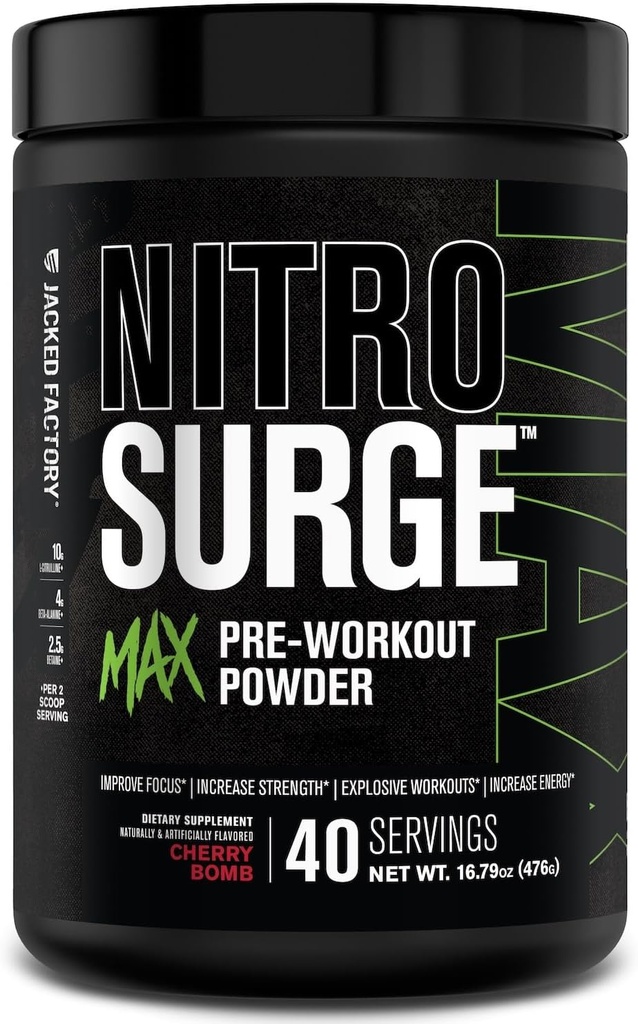 Fábrica Jacked Nitrosurge Max High Performance Pre Workout Powder - Pre Workout w / Ingredientes nootrópicos para foco intenso, bombas, energía de la espuma, resistencia - 40 servientes, bomba de cereza