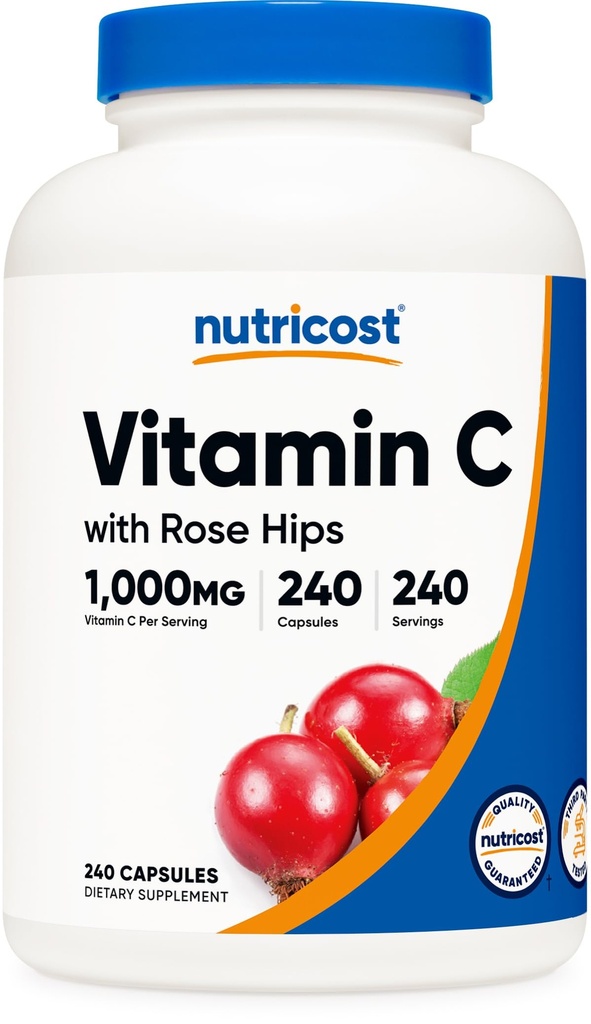 Nutricost Vitamina C con Rose Hips 1025mg, 240 cápsulas - Vitamina C 1000mg, Rose Hips 25mg, Premium, Non-GMO, Gluten Suplemento Gratis