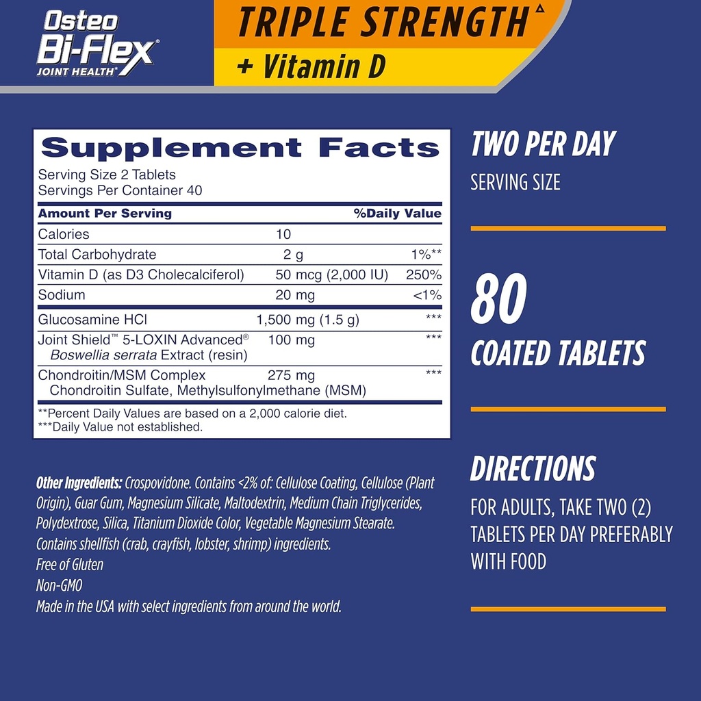 Osteo Bi-Flex Triple Strength(5) con Vitamina D Glucosamine Chondroitin Joint Health Supplement, Coated Tablets, 80 Count (Pack of 2)