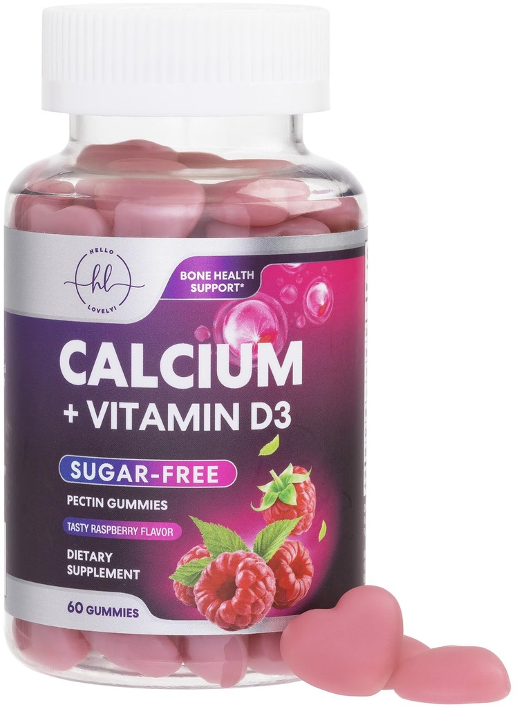 Suplementos de calcio para las mujeres - Gummies de calcio gratis de azúcar con vitamina D3 para la fuerza ósea, dientes &amp; apoyo sanitario inmunitario, cerdas naturales para hombres de mujeres - Raspberry Flavored " Non-GMO - 60 Gummies