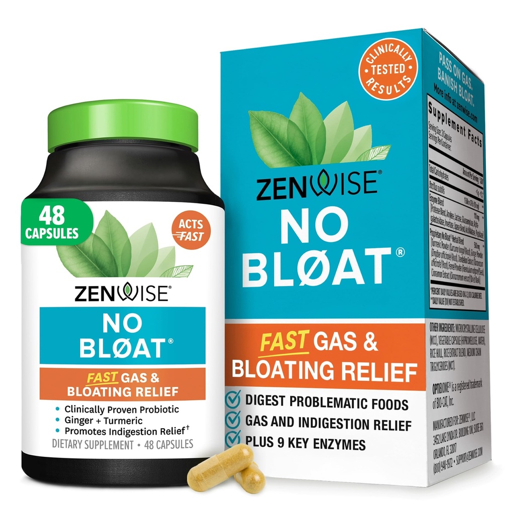 Zenwise Health No Bloat Digestive Enzymes for Gut Health, Gas &amp; Bloating Relief - Multi Enzymes Digestion Supplement with Probiotics, Ginger, Turmeric Dandelion & Lactase - Hombres - 48 Conde