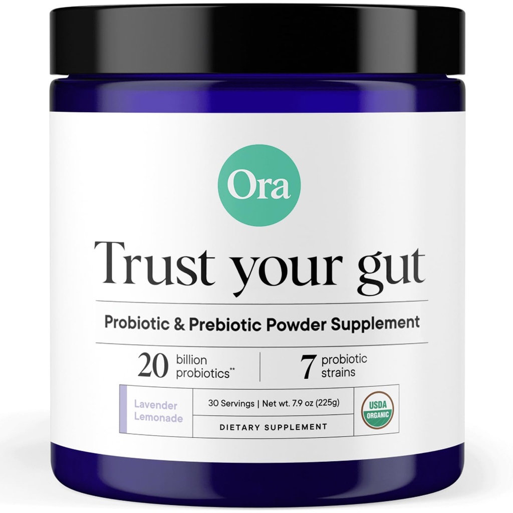 Ora Organic Prebiotic and Probiotic Powder Supplement - 20 Billion Probiotics, 7 Strains for Best Prebiotic Powder, Non-GMO, Probiotics for Women, Men &amp; Kids - Lavender Lemonade Flavor, 30 Servings