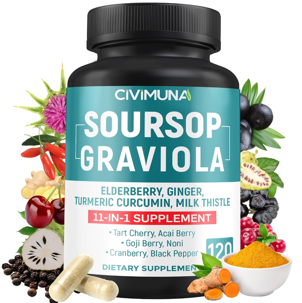 Soursop Graviola Capsules con Elderberry, Turmeric, Ginger, Milk Thistle, Tart Cherry y Más - 120 cápsulas para 4 meses de suministro