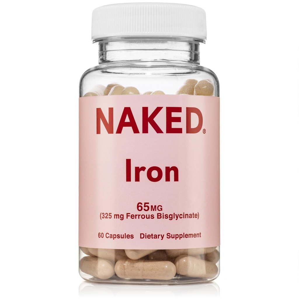 Hierro desnudo 65mg, 325mg Bisglycinate Ferrous - Suplemento de Hierro de alta potencia para la deficiencia de hierro, Apoyo a la energía celular, promueve la producción sana de células rojas de sangre, no GMO, libre de gluten, 60 cápsulas