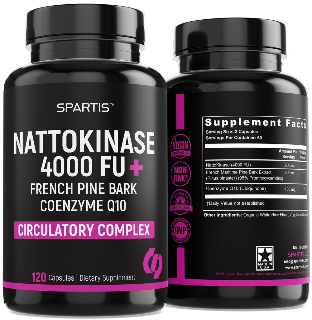 Nattokinase Suplemento 4000 FU CoQ10 100mg Francés Marítimo Pine Bark Extracto 200mg con Enzymes para Circulatory " Cardiovascular Support (Pack of 1 at 120-Caps)