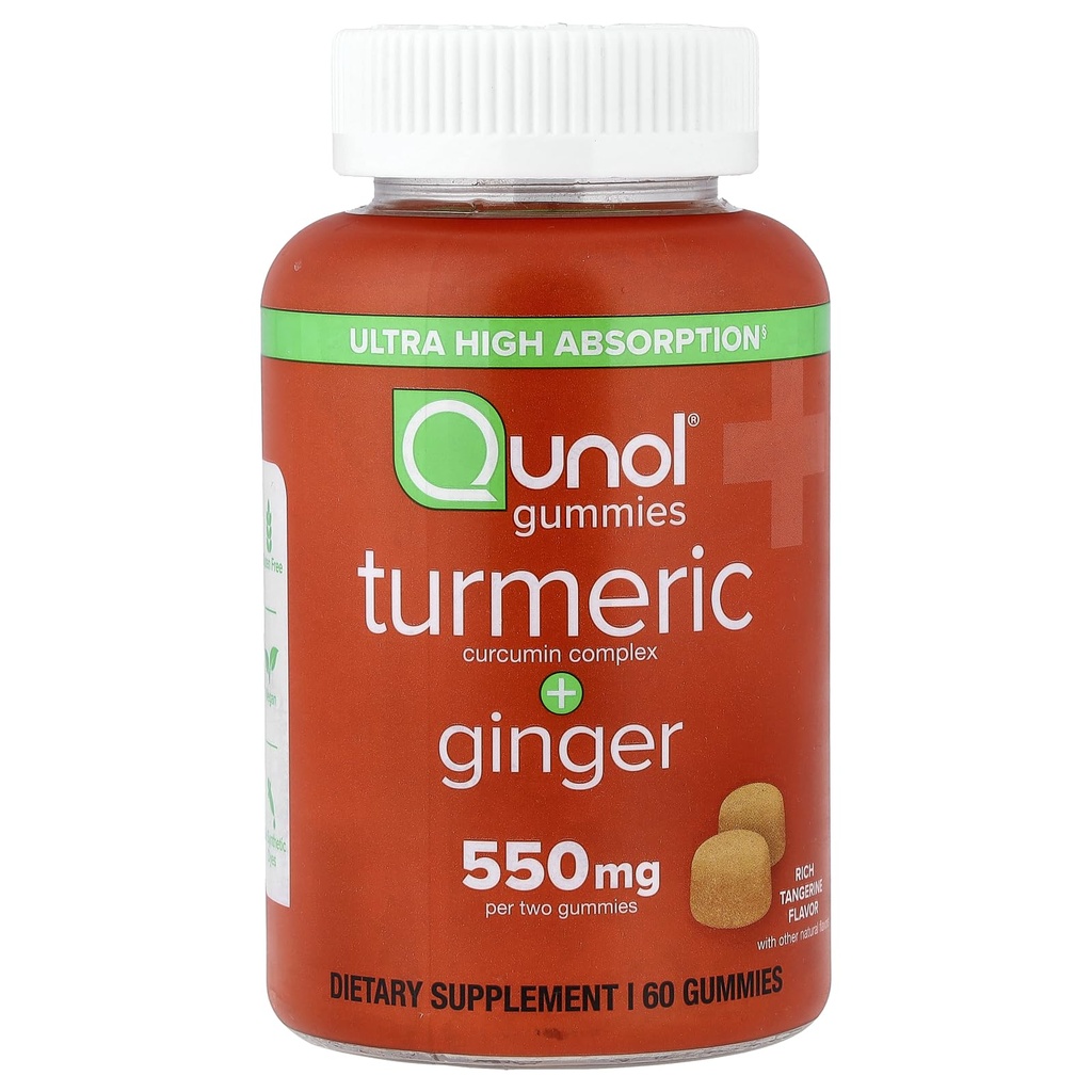 Qunol Turmeric y Ginger Gummies, Gummy con 500mg Turmeric + 50mg Ginger, Suplemento de Soporte Conjunto, Tumeric Ultra Alta Absorción y Ginger, Vegan, Gluten Gratis, 1 Month Supply 60ct Gummies