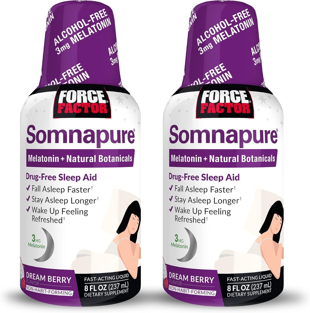 FORCE FACTOR Somnapure, 2-Pack, Sleep Aid for Adults with Melatonin, Valerian Root, & Lemon Balm, Liquid Supplement to Fall Asleep Faster, Stay Asleep Longer, " Wake Up Refreshed, 16oz, 48 Servings