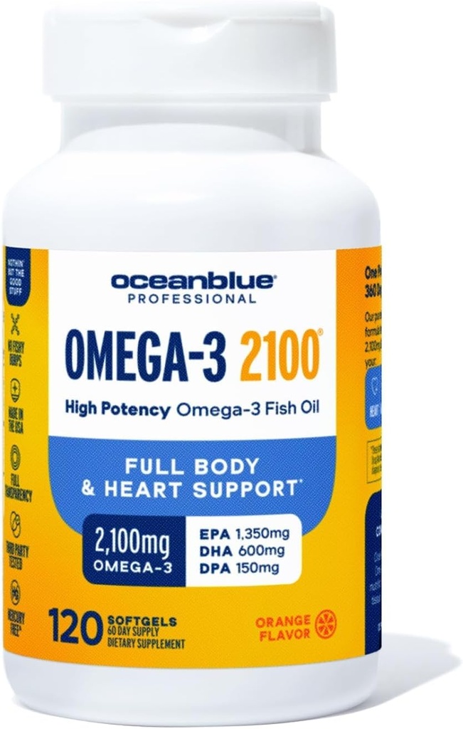 Oceanblue Professional Omega-3 2100-120 ct - High-Potency Triple Strength Burpless Fish Oil with EPA, DHA &amp; DPA - Wild Caught - Orange Flavor, 60 Servings