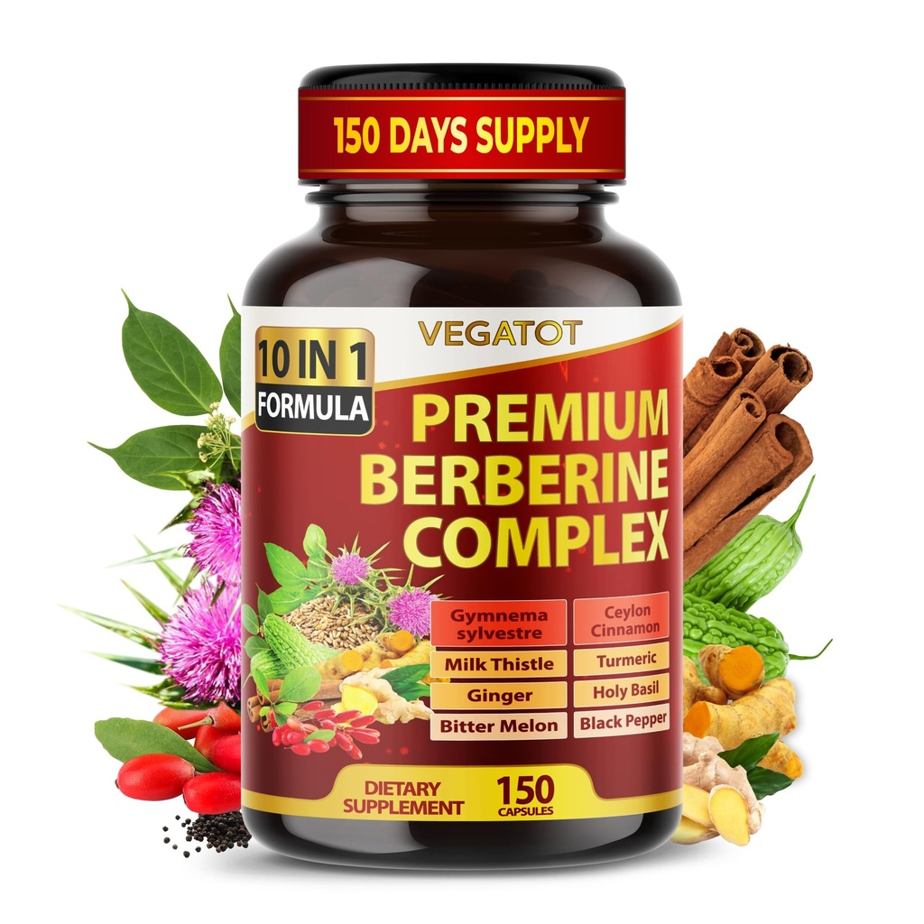 VEGATOT GlucoSavior Berberine Supplement with Ceylon Cinnamon, Bitter Melon, Gymnema - Supports Immune, Heart Health &amp; Gastrointestinal Function - Made in The USA (150 Count (Pack of 1))