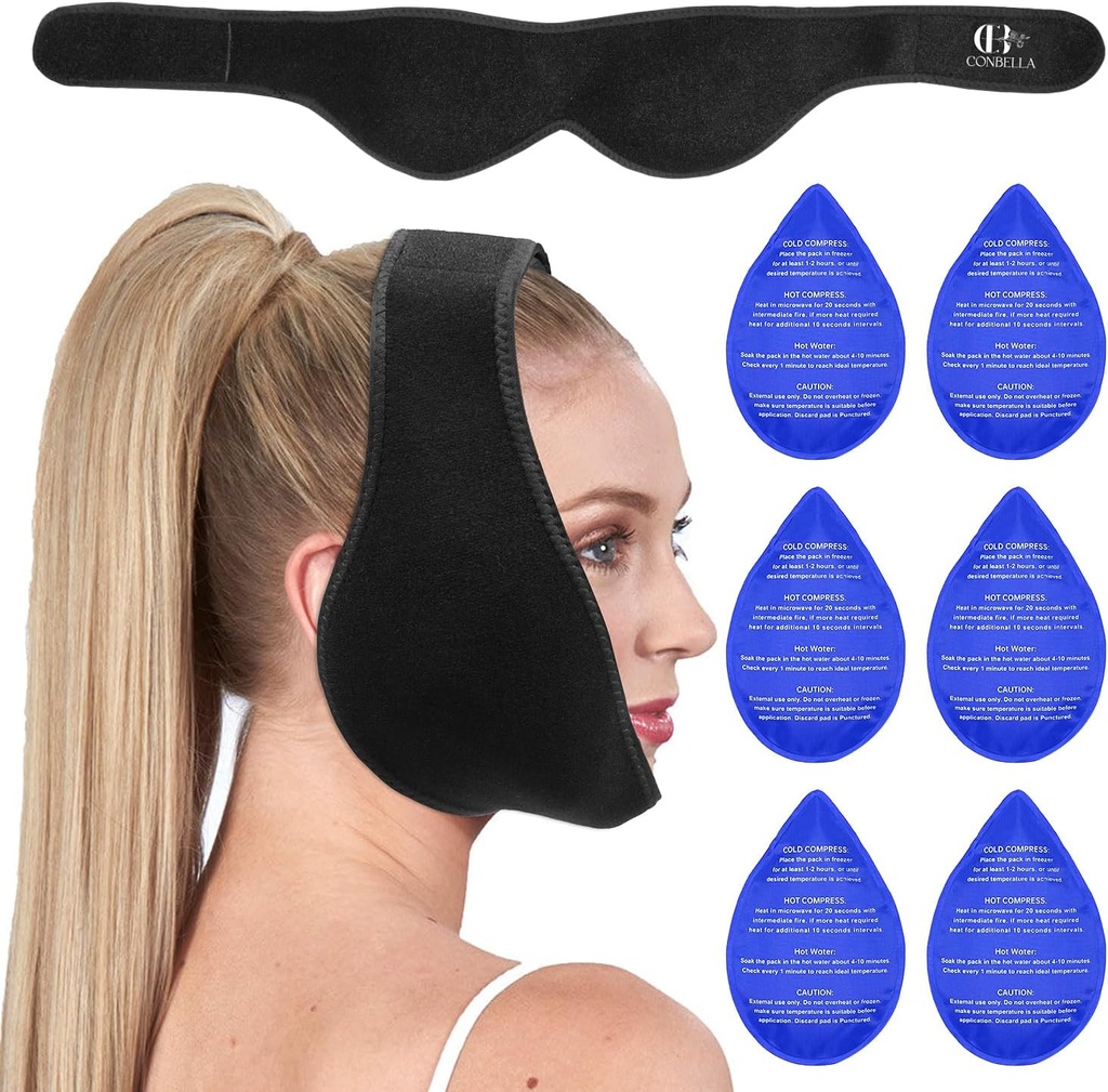 Adelgazamiento de la cabeza del paquete de hielo, paquete de hielo facial para dientes de sabiduría, paquete de hielo de la mandíbula para cirugía oral facial con 6 paquete de gel frío caliente para TMJ alivio del dolor, extracción de dientes, recuperación tonsillectomy-Black