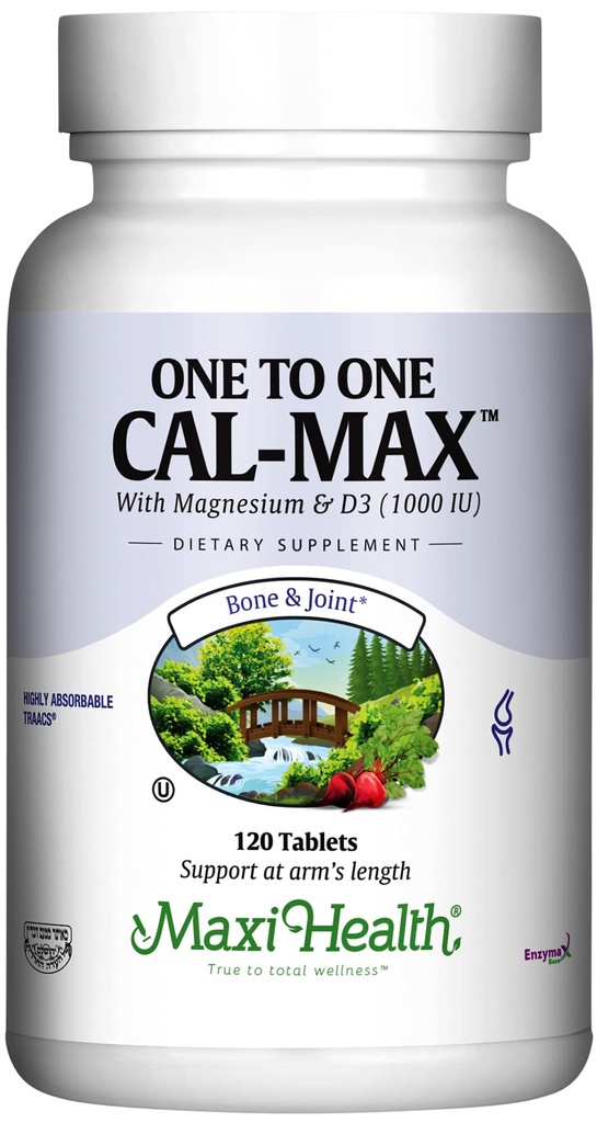 500 mg Suplemento de calcio con vitamina D3 (1000 UI) y Magnesio (500 mg) - Bono, dientes y apoyo conjunto para hombres y mujeres - 120 Tabletas - 1 a 1 Cal-Max por Maxi Health