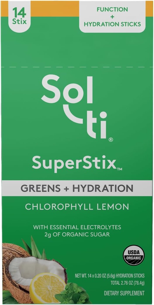 Sol-ti Orgánica Electrolyte Greens + Hydration Drink Mix, Superfood Hydration Sticks, SuperStix, Non-GMO, Vegan, Chlorophyll Lemon, 14 Sticks