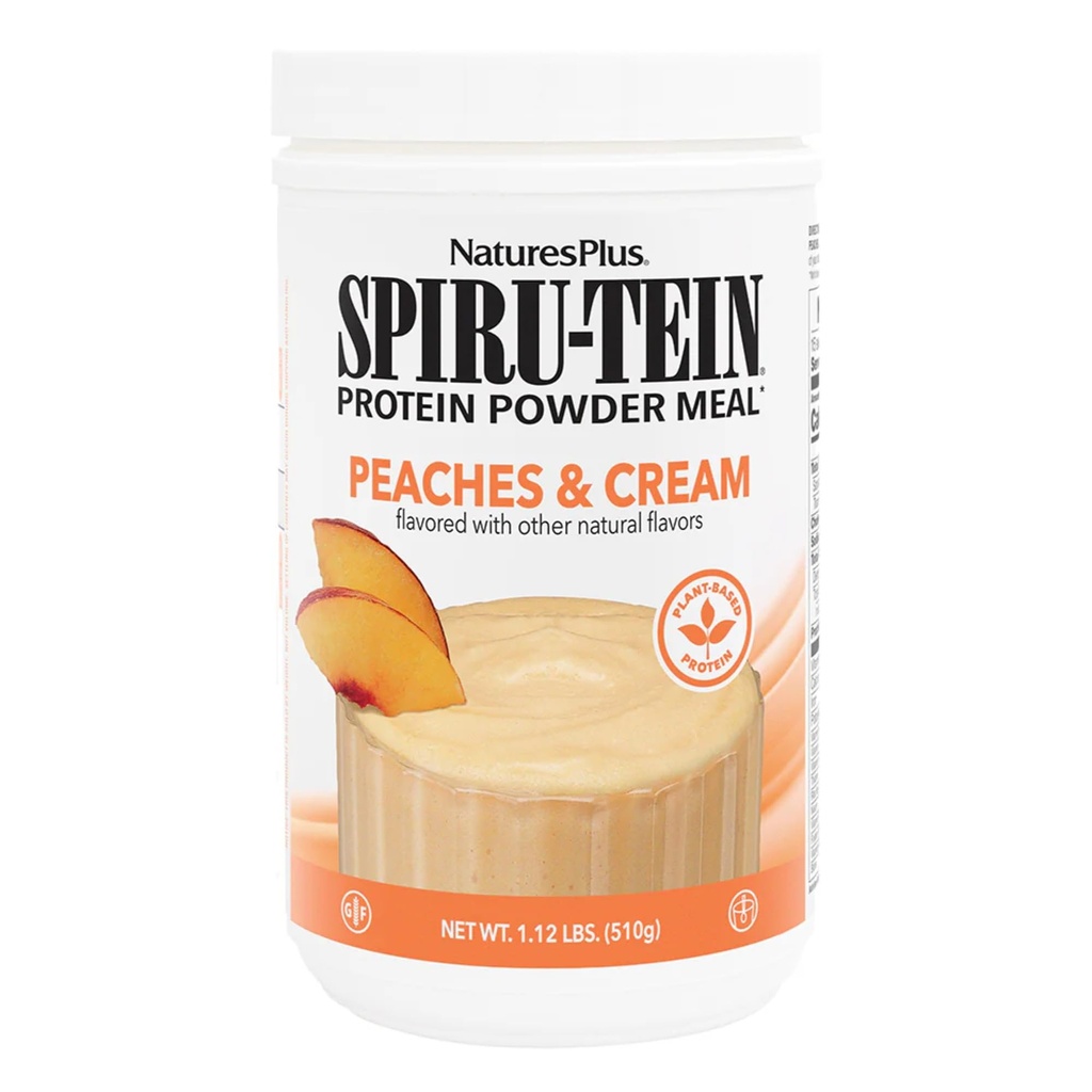 NaturesPlus SPIRU-TEIN Shake - Peaches & Cream Flavor - 1.1 lbs, Spirulina Protein Powder - Reemplazo de la carne con base vegetal, vitaminas " Minerales para la energía - Vegetariano, libre de gluten - 15 Servimientos
