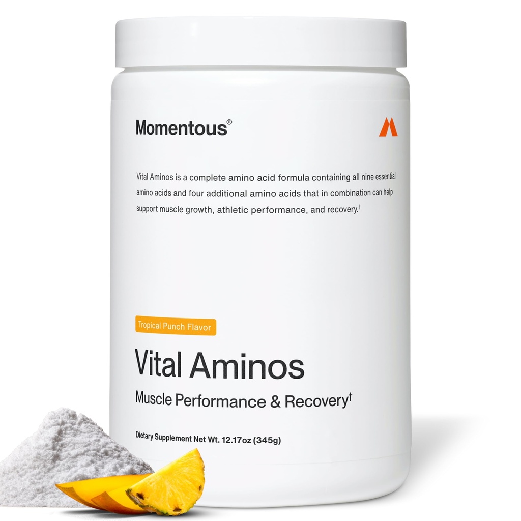 Momentous Vital Aminos Powder Supplement - BCAA &amp; EAA - Tropical Punch - NSF Certificado para Deporte - GMO- & Gluten-Free - 30 Serviciones - Paquete Mayo Vary