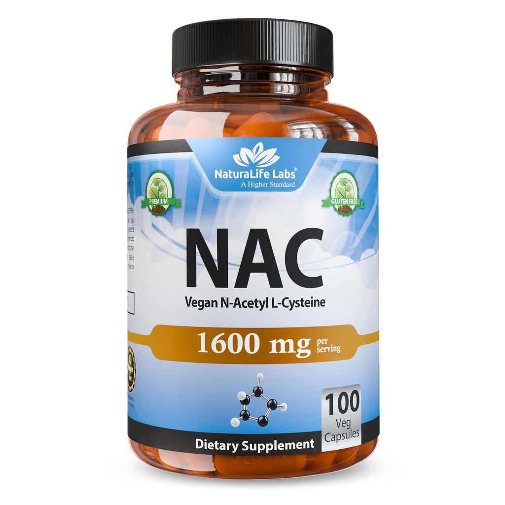NaturaLife Labs N-Acetyl-L-Cysteine (NAC) 1600 mg – 100 cápsulas, sin gluten