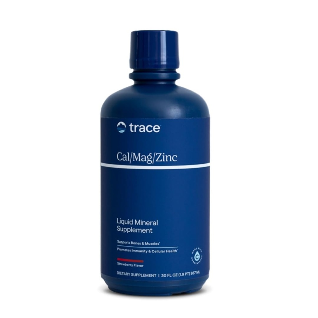 Trace Minerals Cal/Mag/Zinc - Suplemento Mineral Líquido para la Salud Natural del Cuerpo - Hueso, músculo &amp; salud celular - Apoya la Inmunidad & Energía - Sin gluten - 30Fl Oz (32 Servimientos) - Fresa Natural