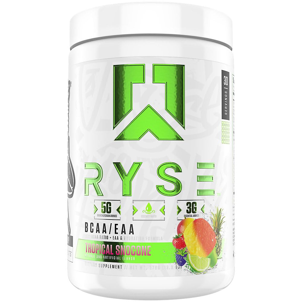RYSE BCAA EAA Powder - Snocone tropical - 5g Aminoácidos de cadena ramificados, 3g Aminos esenciales, electrolitos libres de azúcar para recuperación muscular, resistencia, hidratación y fuerza - 30 Servimientos