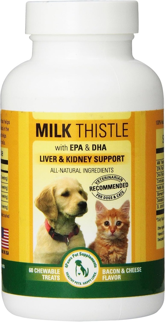 Suplemento para perros y gatos con DHA, EPA, Silymarin y Vitamina B (B1 B2 B6 B12) para prevenir enfermedades del hígado y el riñón - 60 tesoros factibles - Bacon Cheese Flavor
