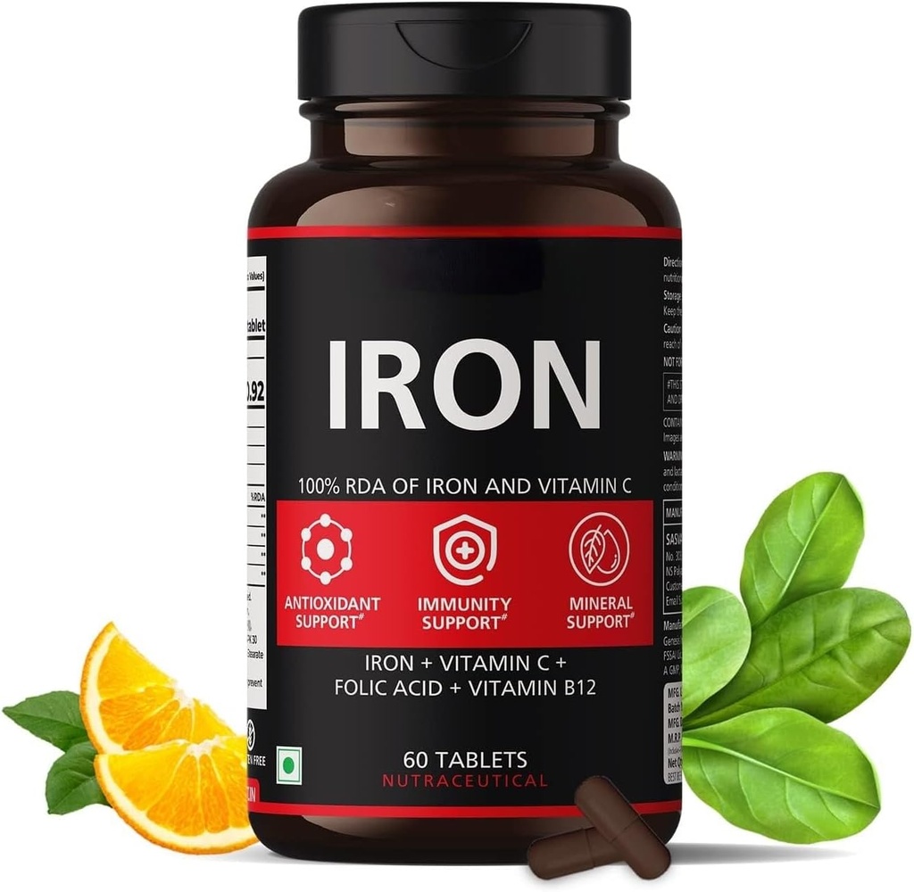 Suplemento de hierro para hombres con vitamina C, ácido fólico " Vitamina B12 - Tablas de hierro ayudan a apoyar la energía - 60 tabletas de veg