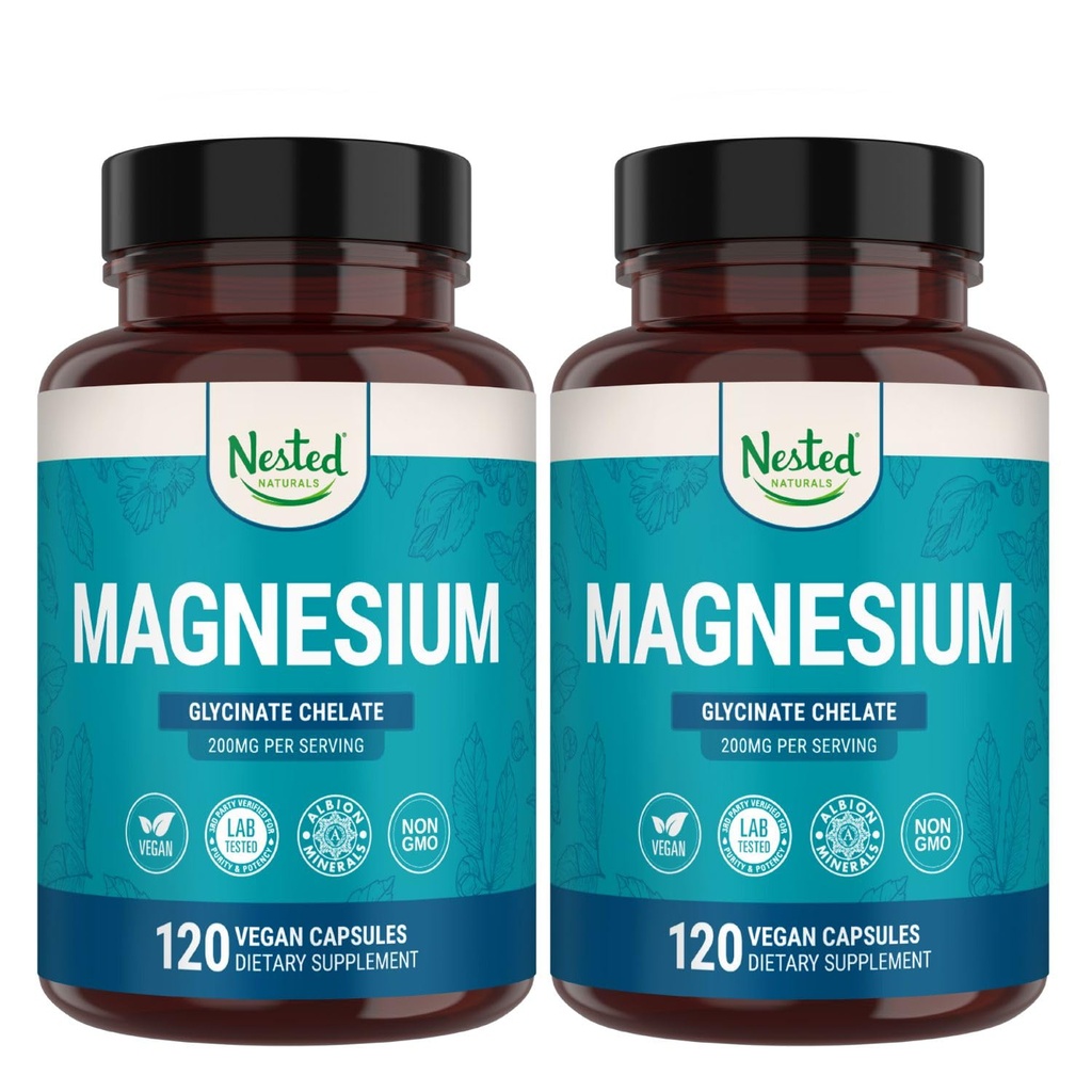 Anidado Naturales Magnesio Glycinate Chelate - 200mg Magnesio Chelated Suplemento para los cáñamos de músculo, Relajación, &amp; Apoyo al sueño - 100% Albion TRACCS Buffered Magnesium Glycinate - 240 cápsulas Vegan