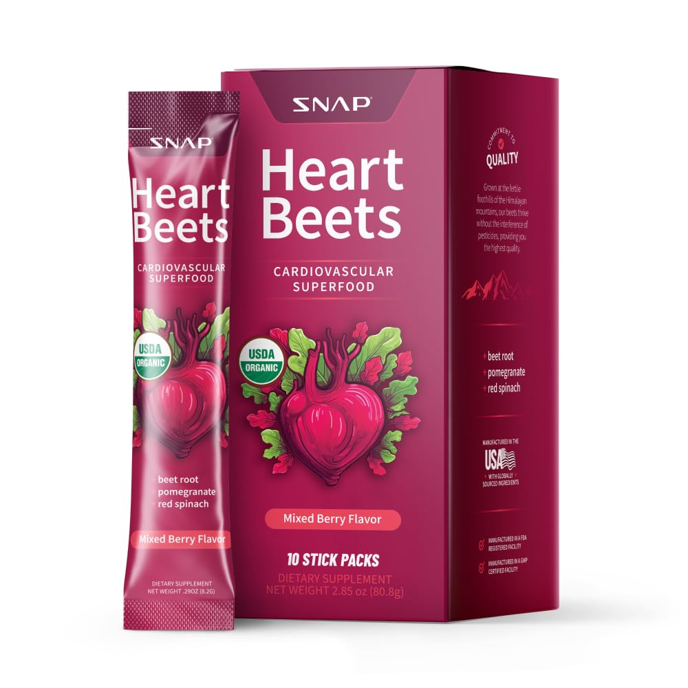 Snap Supplements Heart Beets Stick Packs, Organic Beet Root Powder Drink Mix, Cardiovascular Support for Men &amp; Women, Beets, Pomegranate &amp; Red Spinach, Nitric Oxide Booster, Mixed Berry, 10 Servings