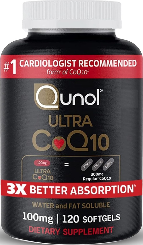 Qunol Ultra CoQ10 100mg, 3x Mejor Absorción, Agua Patenada y Fat Soluble Suplemento Natural Forma de Coenzima Q10, Antioxidante para la Salud del Corazón, 120 Conde Softgels