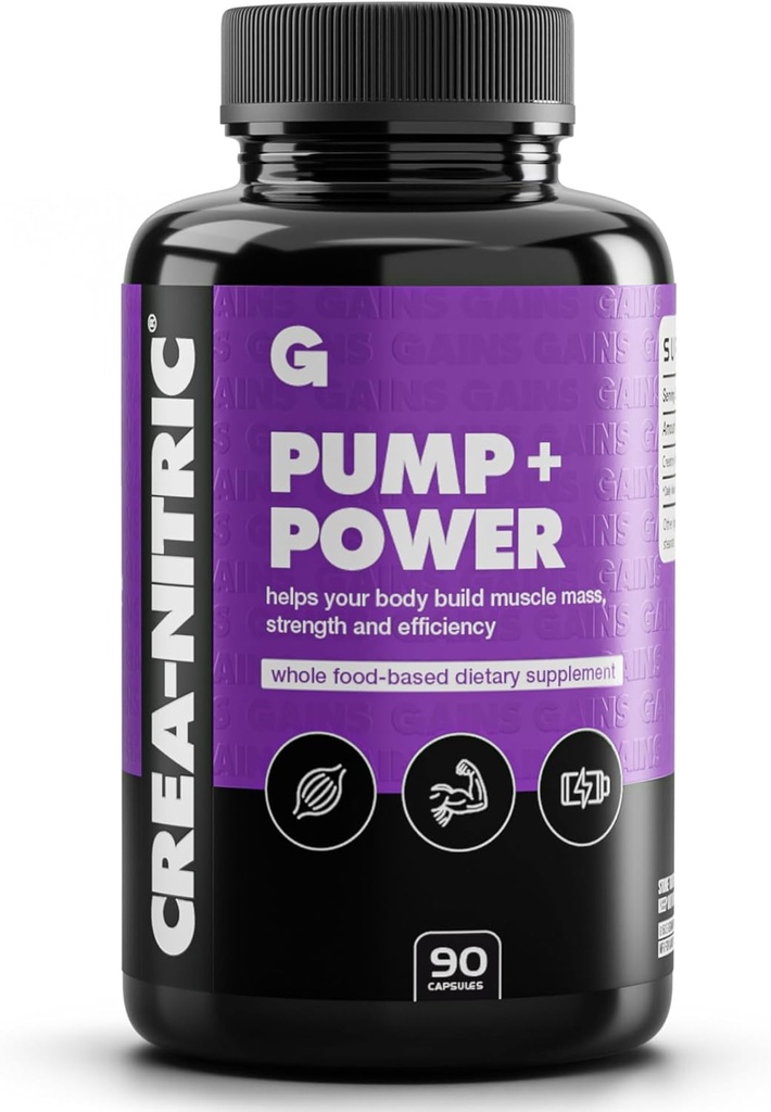 Gains in Bulk Crea-Nitric, Creatine Nitrate Pre Workout Suplemento, Nitric Oxide Support, Gluten Free, Promotes Muscle Strength, Pump and Non-Stim Energy, Supplements for Men and Women, 90 Capsules