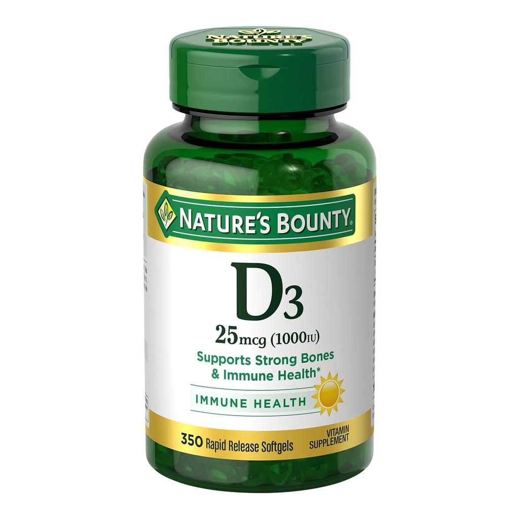 Bounty Vitamin D3 1000 IU Softgels, Immune Support, promueve los huesos saludables, 1 Softgel por día, Gluten Free, 350 Conde