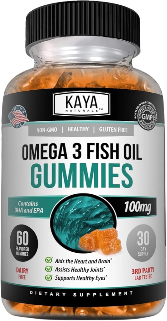 Kaya Naturals Omega 3 Fish Oil Gummies -Fish Oil Supplement with EPA & DHA Ácidos grasos - Ayuda a apoyar el cerebro, el ojo, la salud cardíaca & soporte inmunológico - No GMO - 60 condes