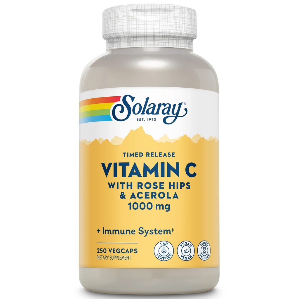 SOLARAY Vitamina C con Rose HIPS &amp; Acerola TENIDO Fórmula de liberación temporal de dos etapas Ø 1000mg ANTERIED 24-Hour Immune Support & Antioxidant Supplement TEN 250 Ct.
