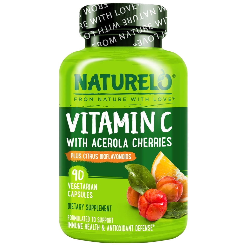 NATURELO Vitamina C con Extracto de Cereza Acerola Orgánica y Citrus Bioflavonoides - Suplemento Vegano - Apoyo Inmunitario - 500 mg VIT C por Cap - No GMO - 90 cápsulas