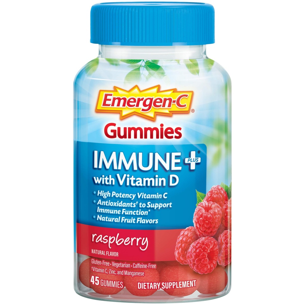 Emergen-C Immune+ Triple Action Immune Support Gummies, BetaVia (R), 1000mg Vitamina C, B Vitaminas, Vitamina D y Antioxidantes, Raspberry, Volver a Esenciales Escolares – 45 Cuenta
