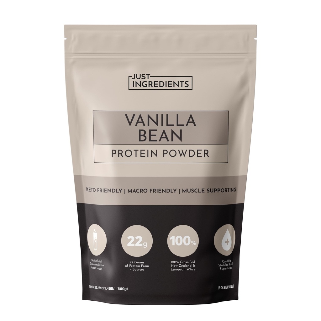 Just INGREDIENTES Vainilla Bean Protein Powder – 20-Serving Blend con 100% Grass-Fed Whey & Organic Plant Proteins – Real Vanilla Bean & Cinnamon – Apoya la recuperación del músculo, Energía*
