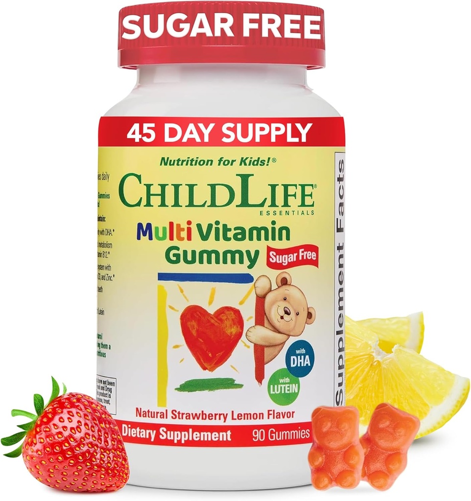 CHILDLIFE ESSENTIALS Mangas multivitamínicas para niños - Vitaminas para niños, Multivitaminas para niños con DHA, Azúcar Gratis - Fresa Natural, 90 Cuenta